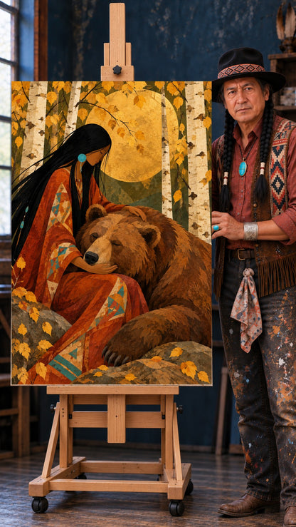 Native woman in a red dress beside a brown bear with closed eyes under a gold moon and autumn birch trees