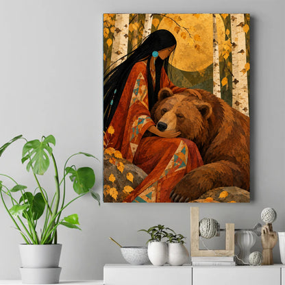 Native woman in a red dress beside a brown bear with closed eyes under a gold moon and autumn birch trees – ảnh 2