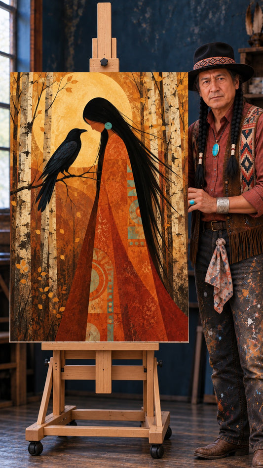 Native woman in an orange wrap facing a black raven on a branch, golden sun behind her, autumn birch trees