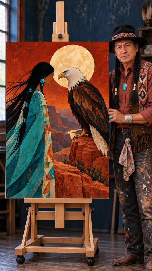 Native woman in turquoise robe facing a bald eagle on a red cliff below a large full moon