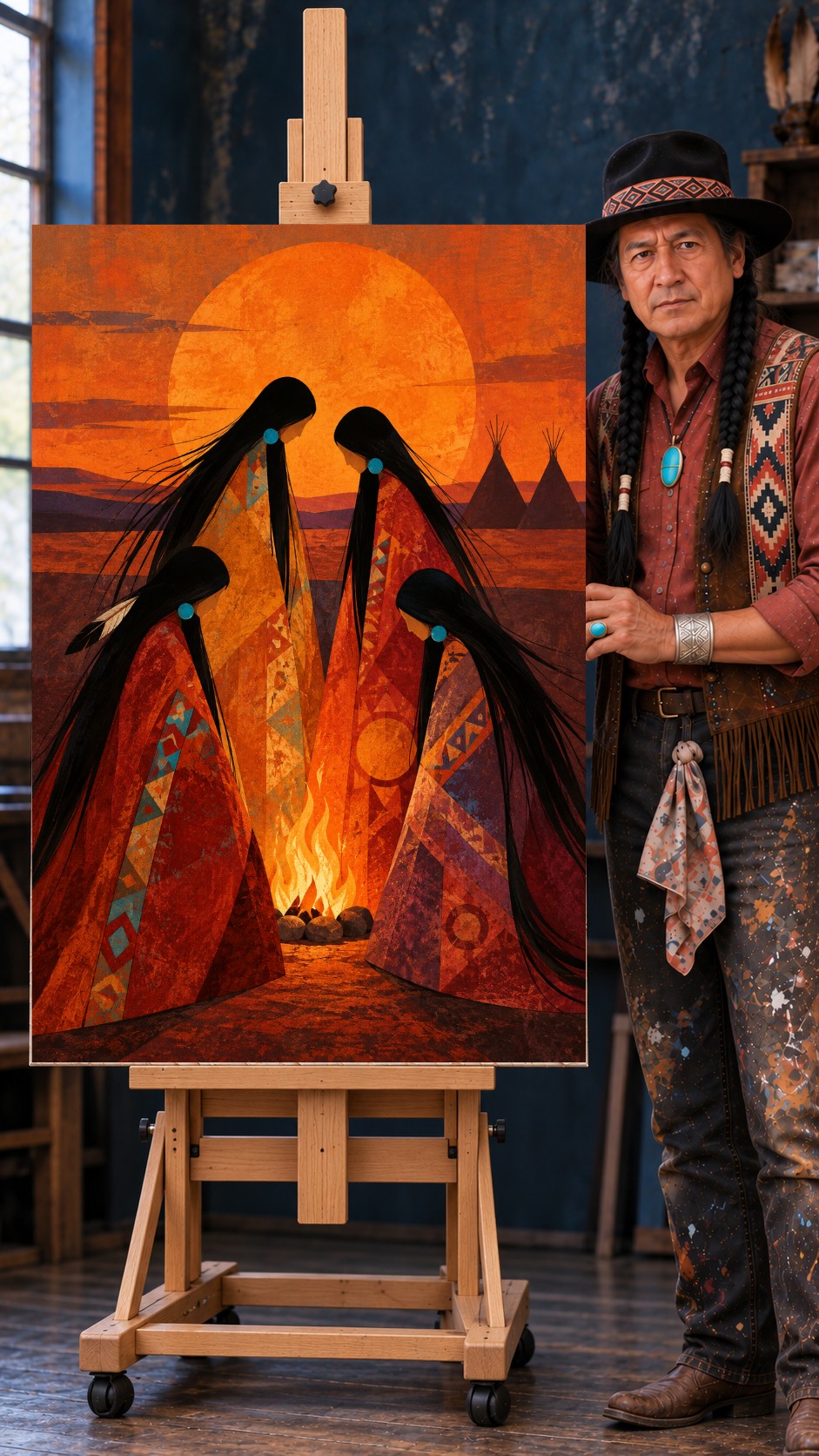 Four Native women in patterned blankets circle a small fire under a huge orange sun, tipis in the distance.