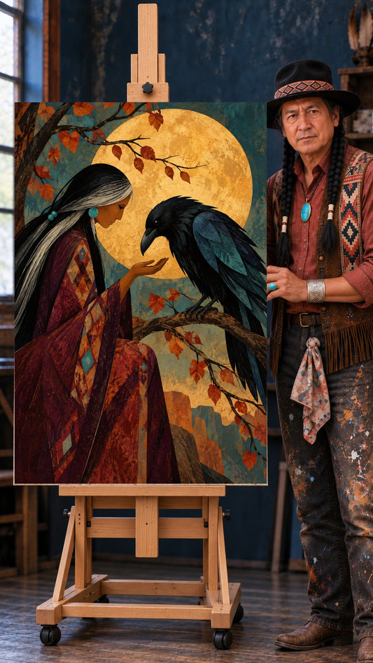 Native woman in a burgundy shawl opening her hand to a black raven beneath a golden full moon and autumn leaves.