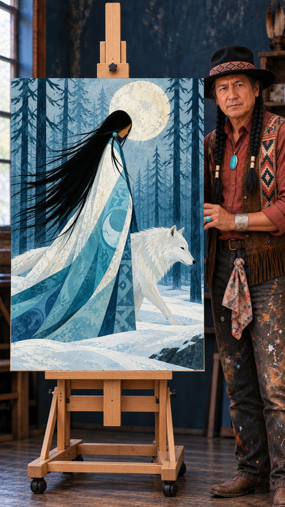 Native woman in a blue moon-patterned robe walking with a white wolf through snowy pine trees under a full moon