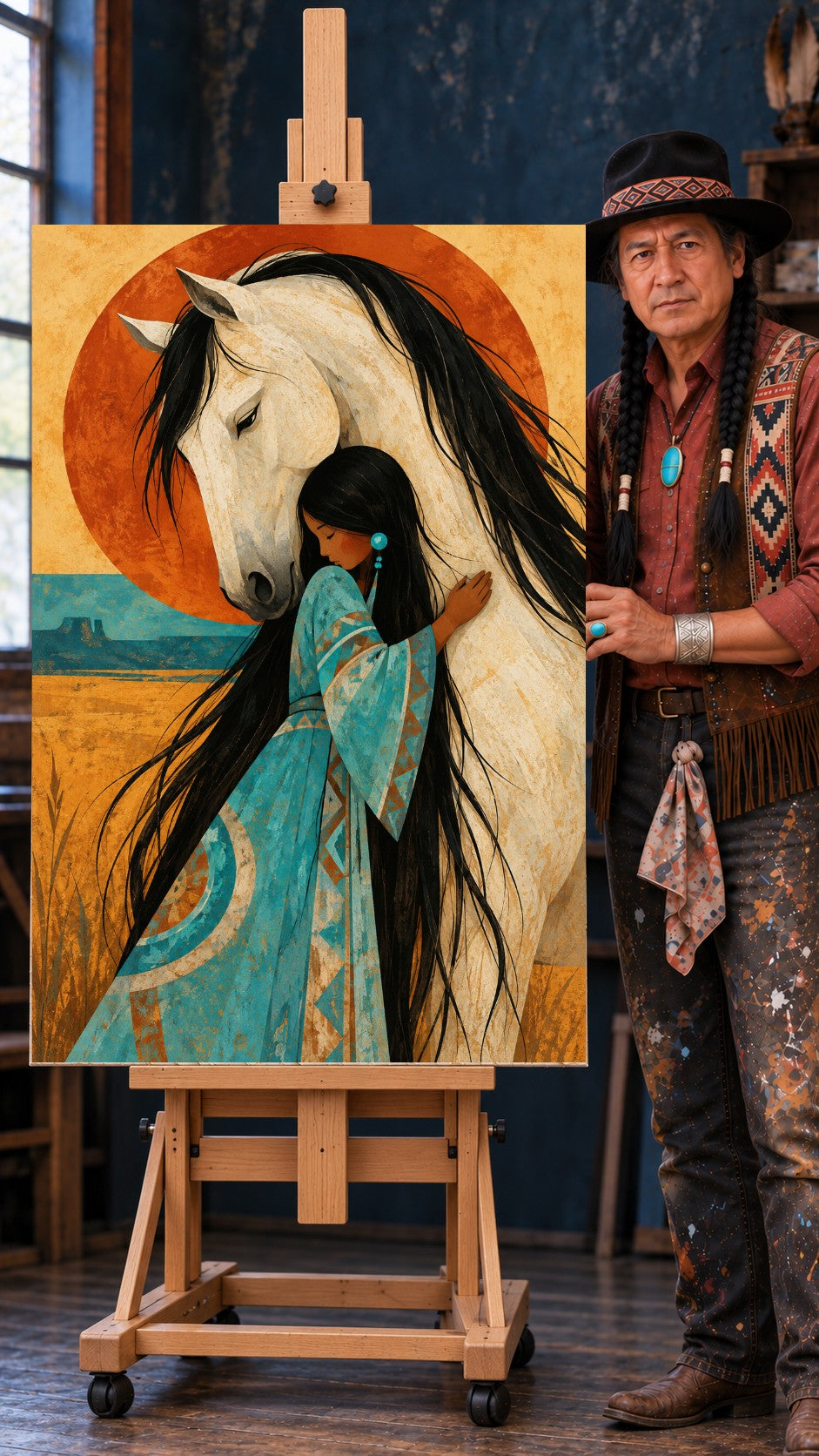 Native woman in a turquoise dress embracing a white horse with a long black mane in front of a rust sun