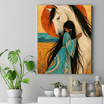 Native woman in a turquoise dress embracing a white horse with a long black mane in front of a rust sun – ảnh 2