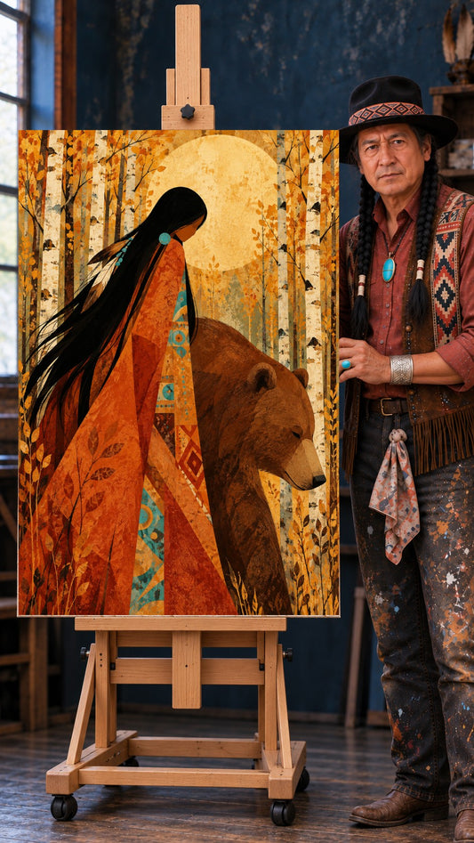 Native woman in an orange and teal patterned blanket standing beside a brown bear in an autumn birch forest