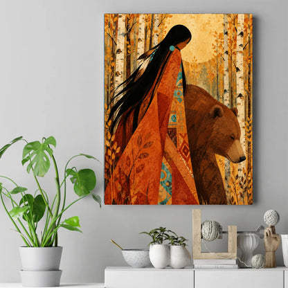 Native woman in an orange and teal patterned blanket standing beside a brown bear in an autumn birch forest – ảnh 2