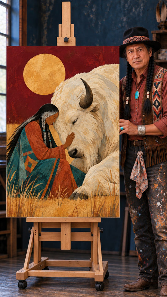 Native woman in a teal blanket touching the nose of a resting white bison beneath a golden moon in a red sky.