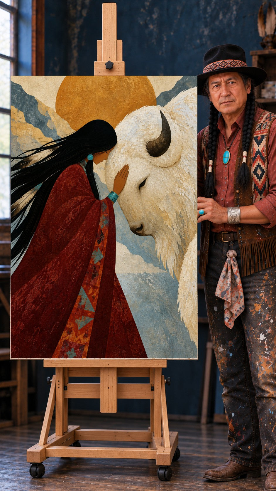 Native woman in a red blanket with turquoise jewelry gently touching the face of a white bison under a golden sun
