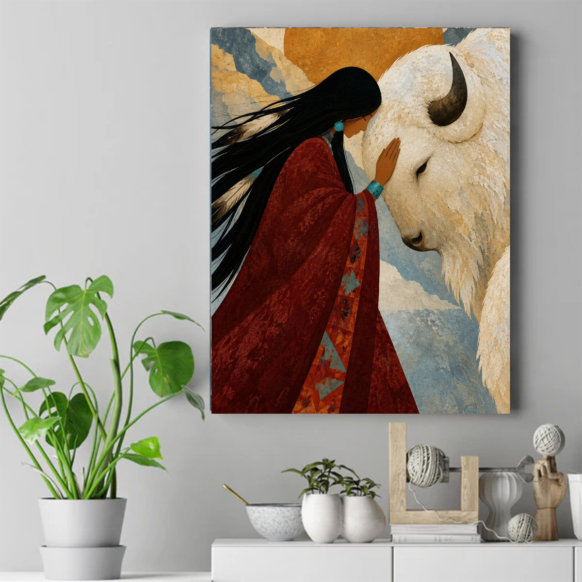 Native woman in a red blanket with turquoise jewelry gently touching the face of a white bison under a golden sun – ảnh 2