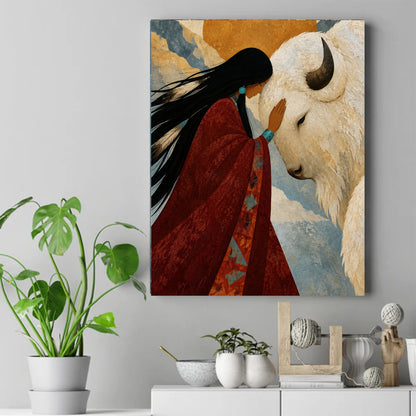 Native woman in a red blanket with turquoise jewelry gently touching the face of a white bison under a golden sun – ảnh 2