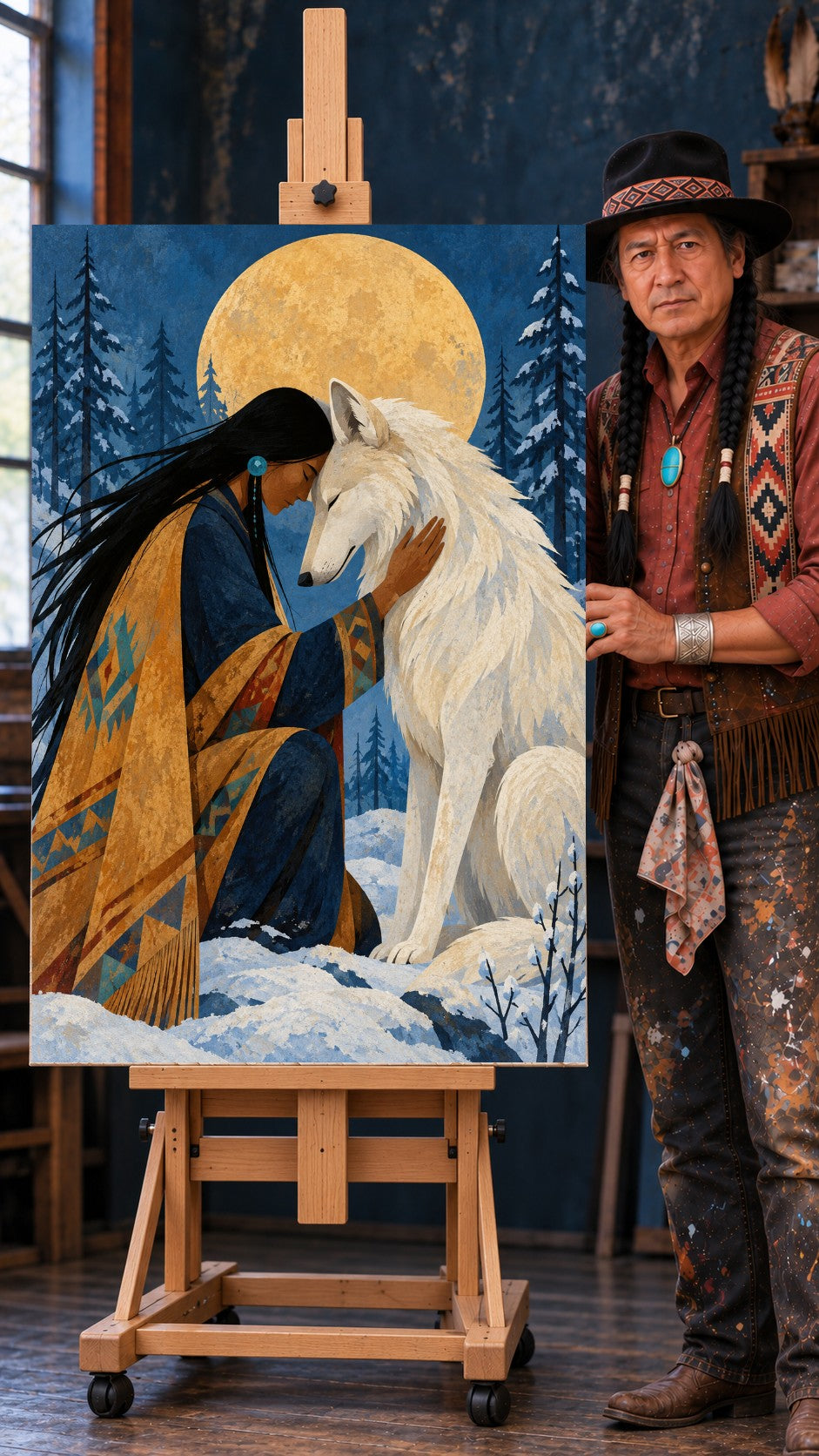Native woman in a patterned shawl touching foreheads with a white wolf under a golden full moon and snowy pine trees