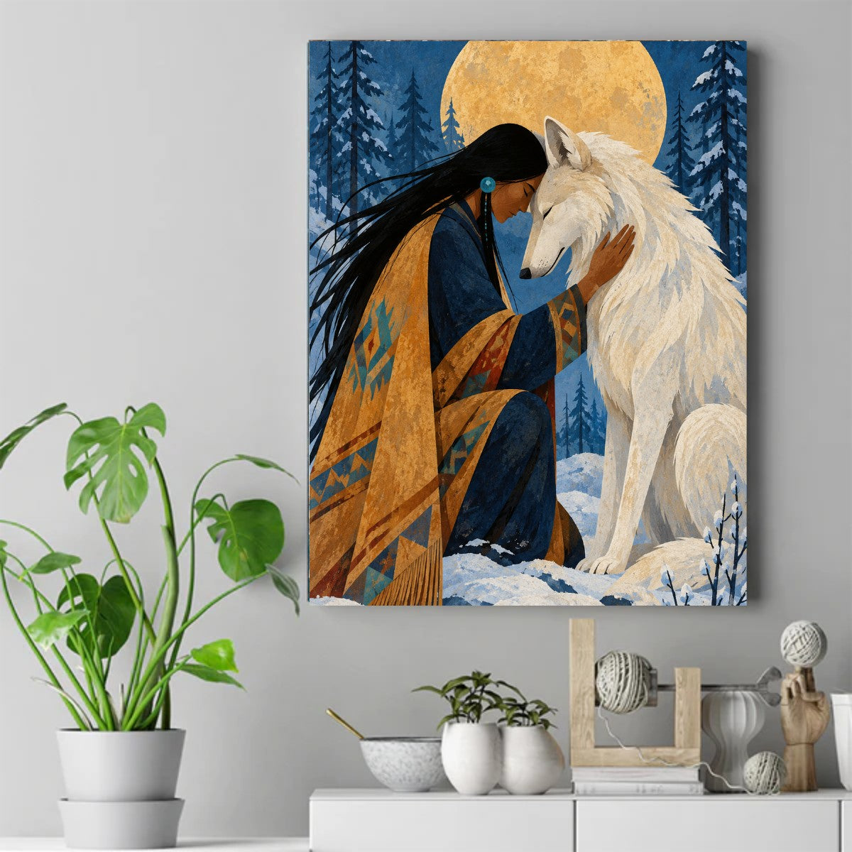 Native woman in a patterned shawl touching foreheads with a white wolf under a golden full moon and snowy pine trees – ảnh 2