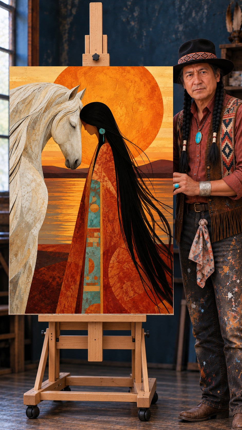 Native woman in a rust robe with long black hair facing a white horse before a large orange sun over water