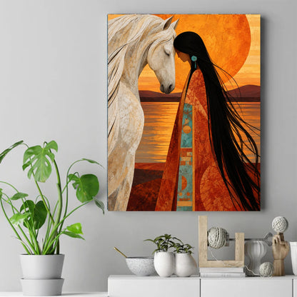 Native woman in a rust robe with long black hair facing a white horse before a large orange sun over water – ảnh 2