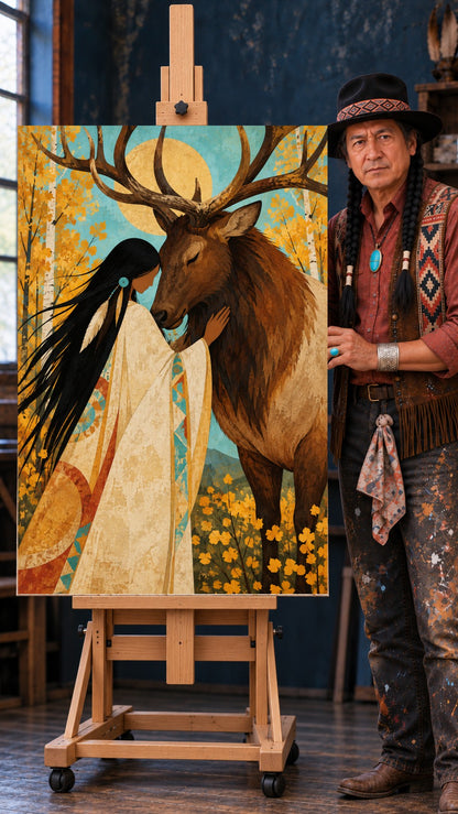 Native woman in a white dress touching foreheads with a large elk under a golden moon and yellow autumn trees