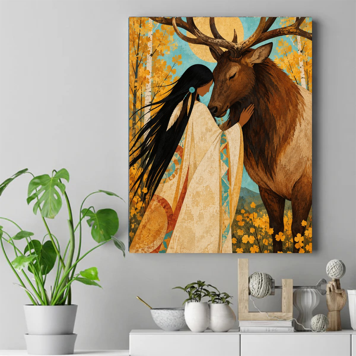 Native woman in a white dress touching foreheads with a large elk under a golden moon and yellow autumn trees – ảnh 2