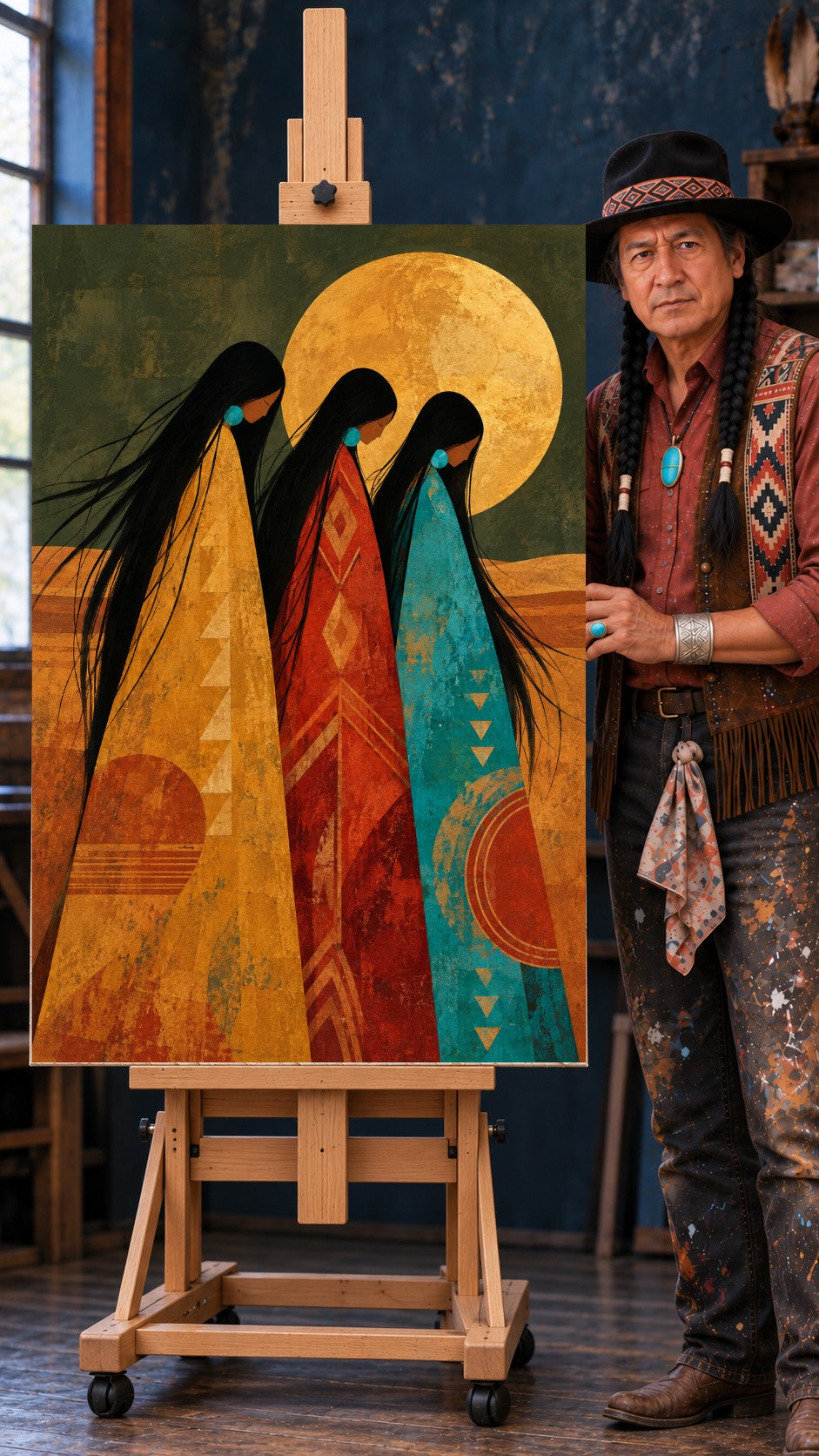 Three Native women in patterned blankets standing together under a large golden moon