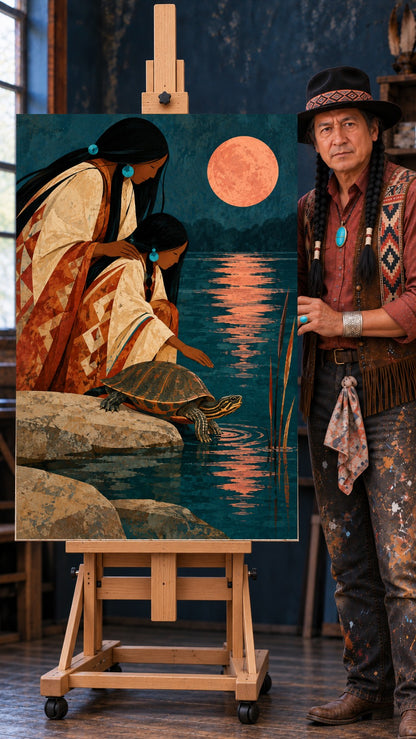 Two Native women kneel on rocks by dark water at night as a turtle climbs up, under a large salmon-colored moon.