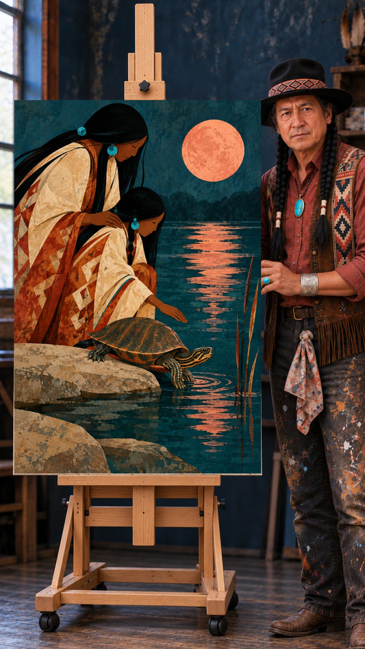 Two Native women kneel on rocks by dark water at night as a turtle climbs up, under a large salmon-colored moon.
