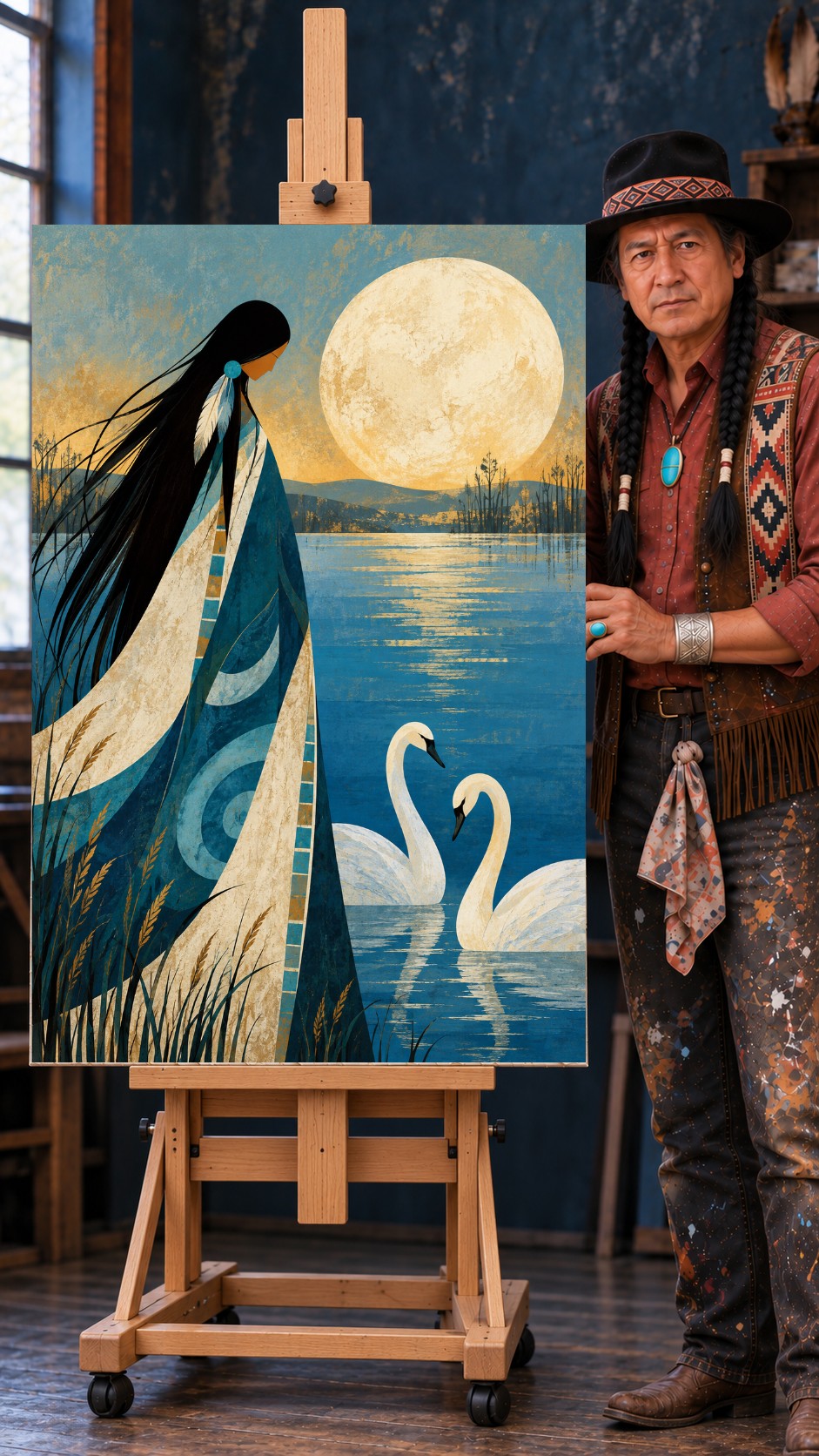 Native woman in a patterned blanket watching a full moon over a blue lake with two white swans
