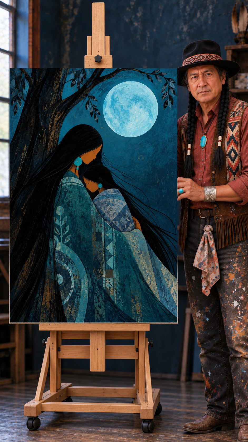 Native mother with long black hair holding her child close under a full moon, wearing blue and teal patterned blankets.