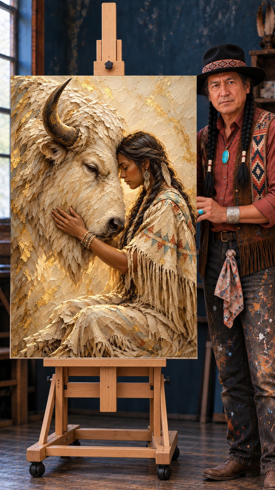 Native woman with braids and beaded bracelet resting her forehead against a white bison, warm cream and gold textured artwork.