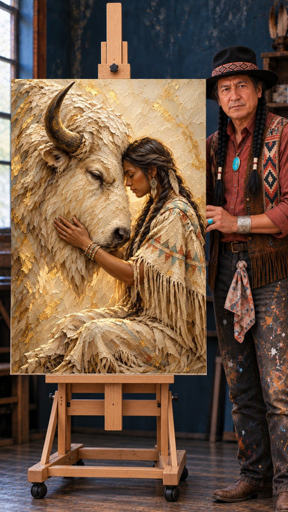 Native woman with braids and beaded bracelet resting her forehead against a white bison, warm cream and gold textured artwork.