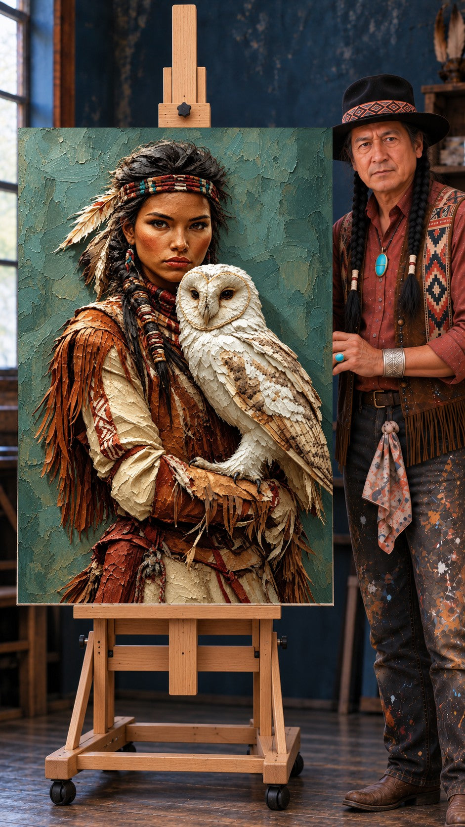 Native woman with braids, feathers, and beadwork holding a white owl against a teal textured background.