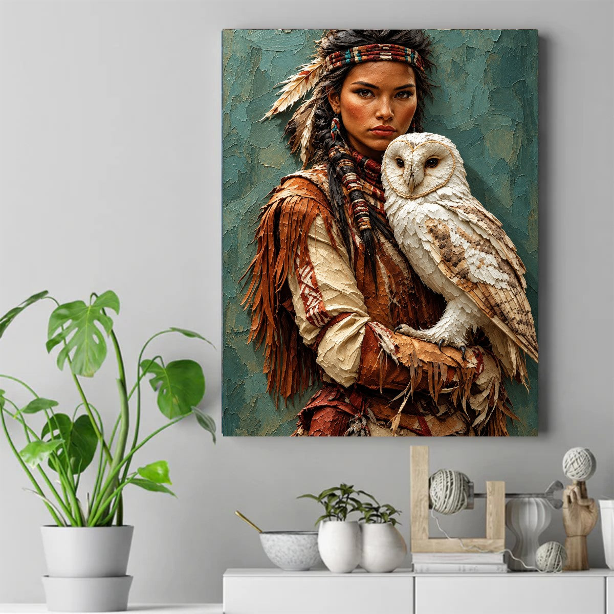 Native woman with braids, feathers, and beadwork holding a white owl against a teal textured background. – ảnh 2