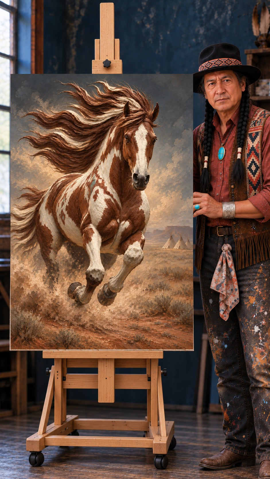 A brown and white pinto horse gallops through dusty plains with a flowing mane, tipis in the distance under a cloudy sky.