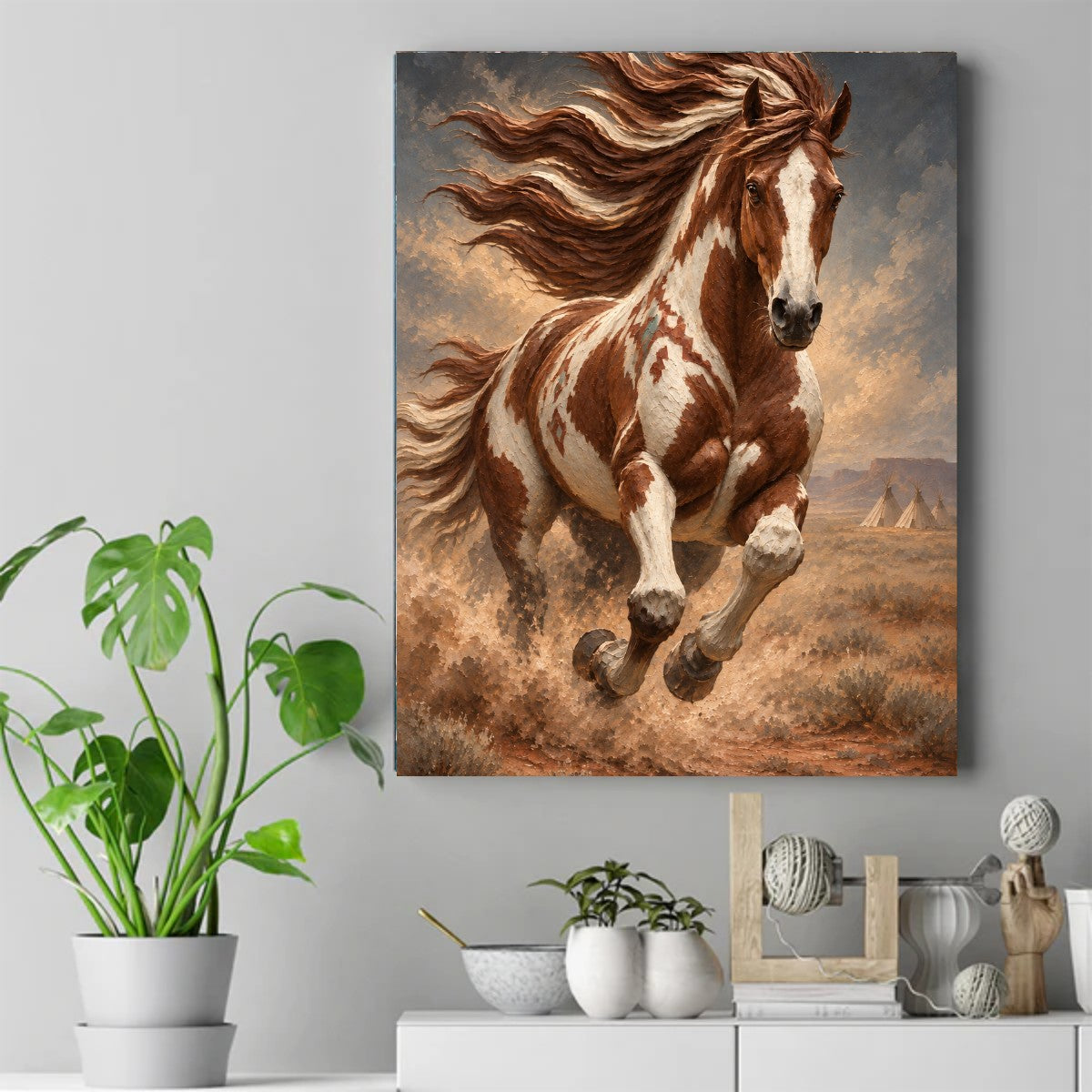 A brown and white pinto horse gallops through dusty plains with a flowing mane, tipis in the distance under a cloudy sky. – ảnh 2
