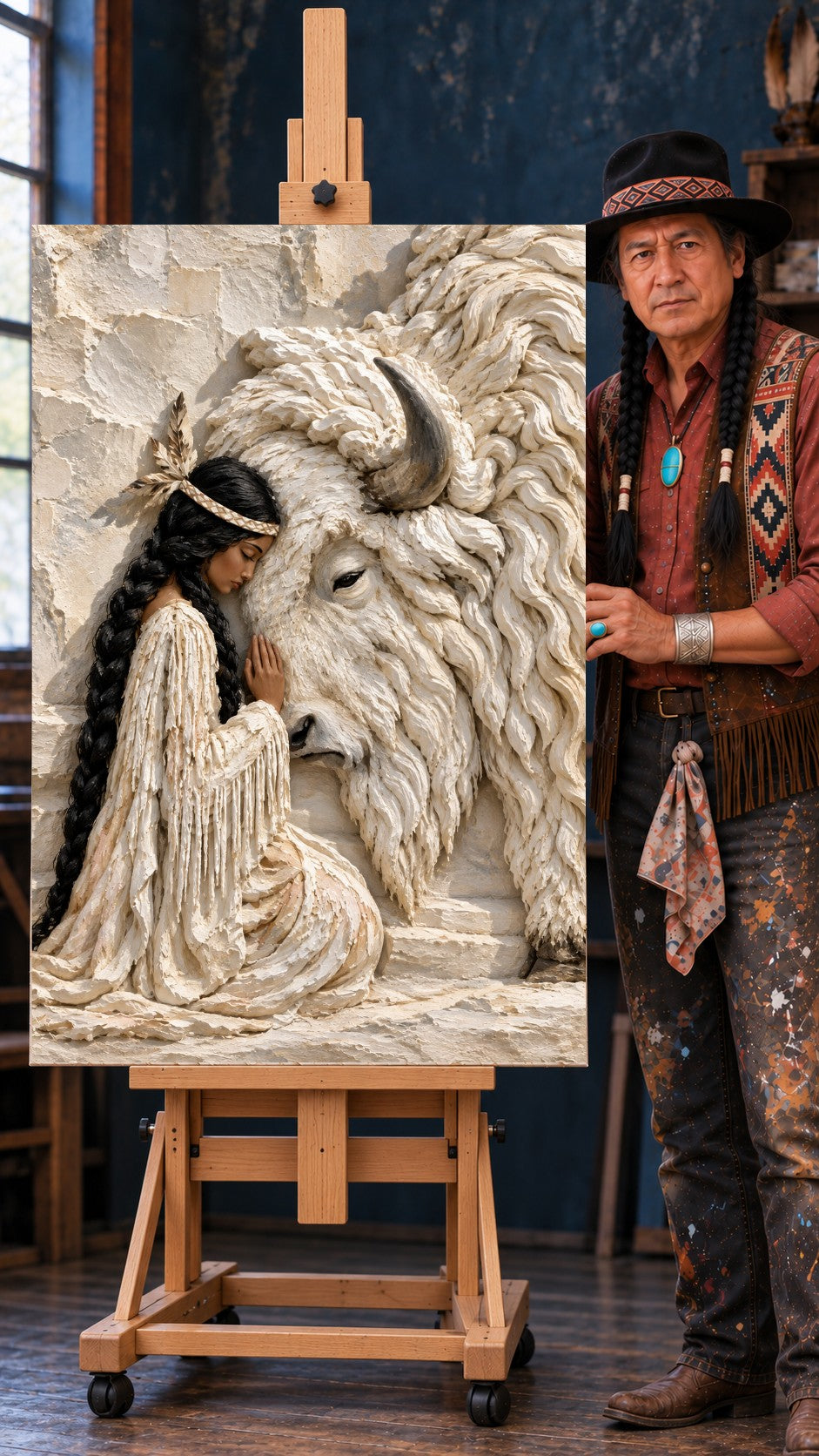 Carved-style relief of a Native woman kneeling in prayer beside a white bison, her long braid down her back
