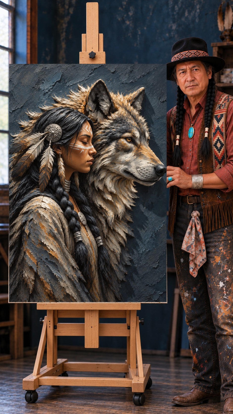 Native American woman in profile with feathers and face paint beside a grey wolf on a dark blue textured background.