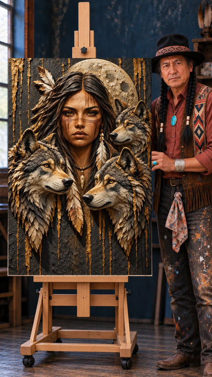 Native woman with face paint and a feather, surrounded by three wolves under a full moon with gold lines on dark background