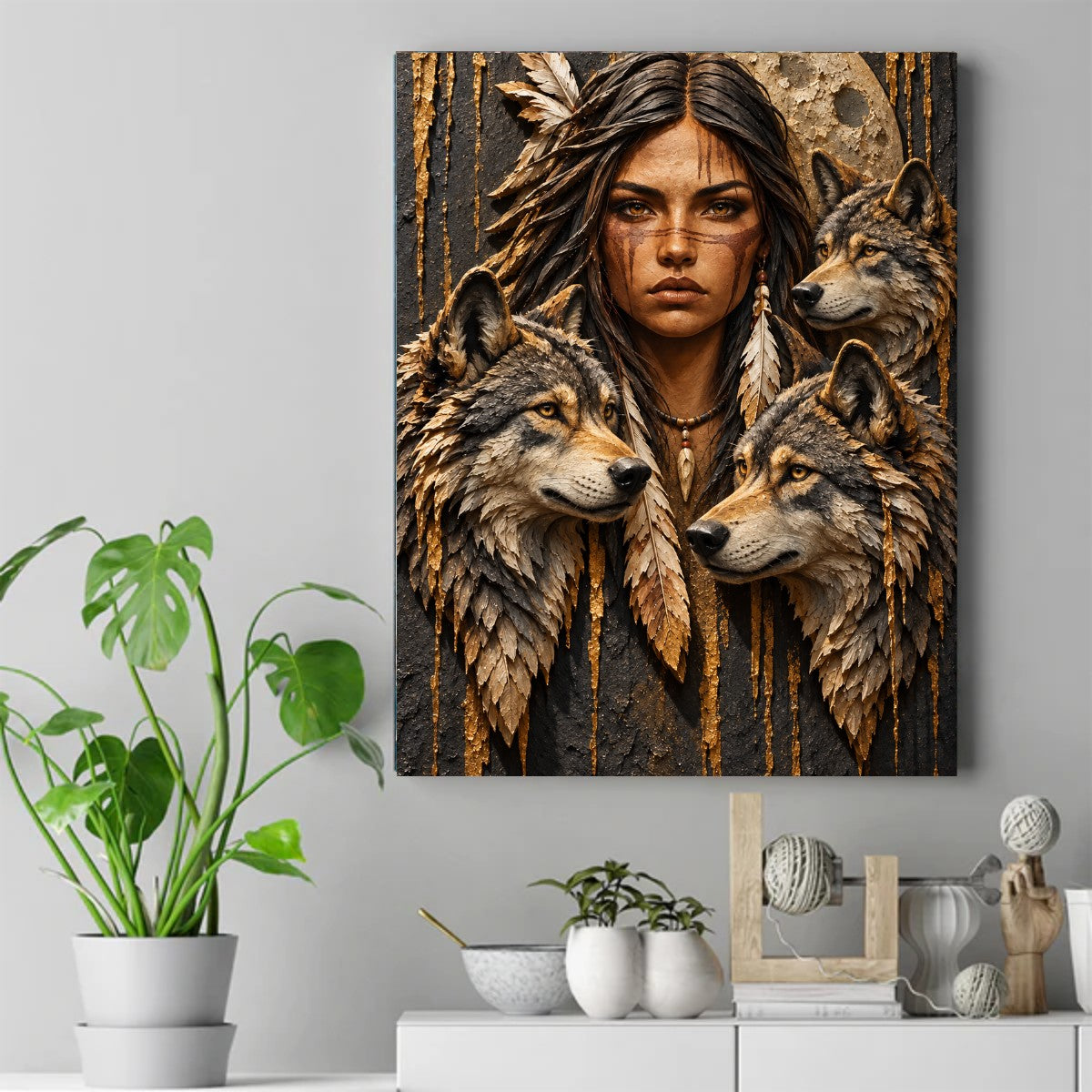 Native woman with face paint and a feather, surrounded by three wolves under a full moon with gold lines on dark background – ảnh 2