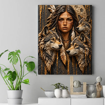 Native woman with face paint and a feather, surrounded by three wolves under a full moon with gold lines on dark background – ảnh 2