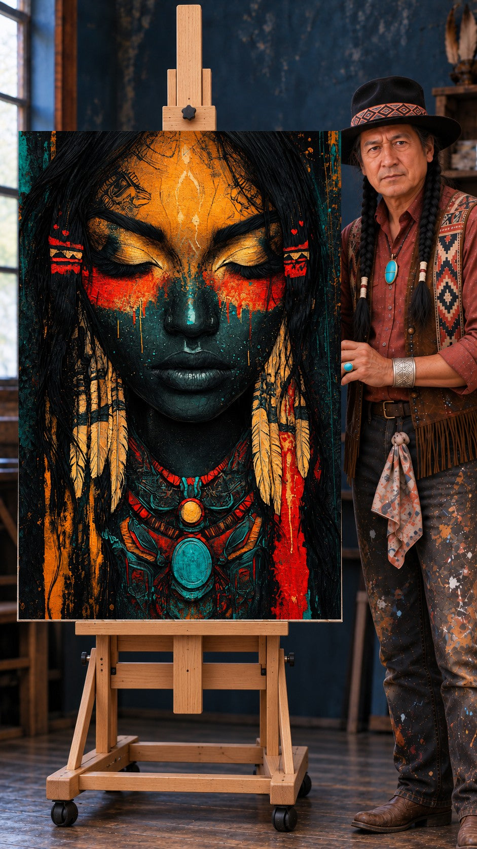 Native woman portrait with closed eyes, orange and red face paint, hanging feathers, and a turquoise beaded necklace