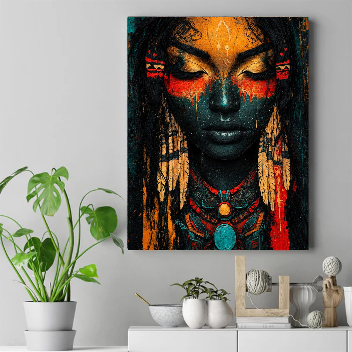 Native woman portrait with closed eyes, orange and red face paint, hanging feathers, and a turquoise beaded necklace – ảnh 2