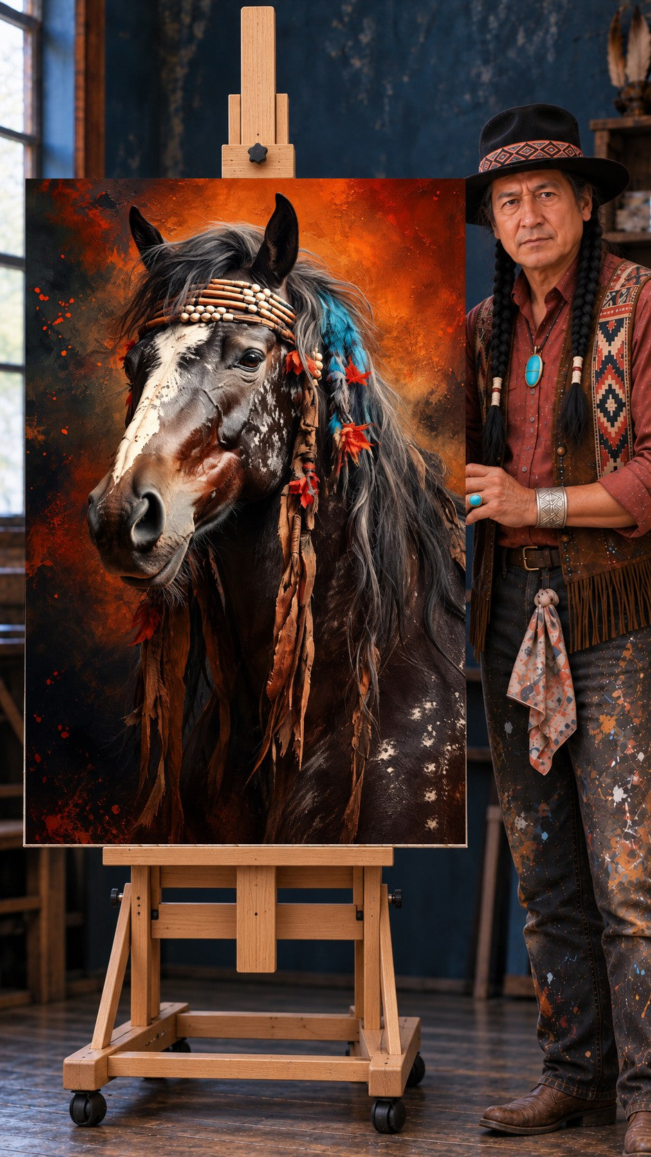Dark horse with white blaze, beaded headband, red feathers, turquoise beads, long mane against orange smoky background.