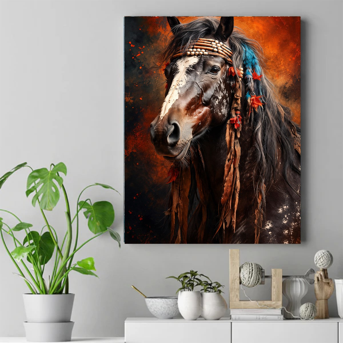 Dark horse with white blaze, beaded headband, red feathers, turquoise beads, long mane against orange smoky background. – ảnh 2