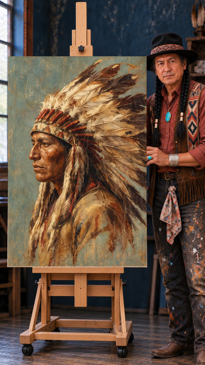 Profile of a Native American man in a feathered headdress, painted in earthy tones against a blue-grey background.