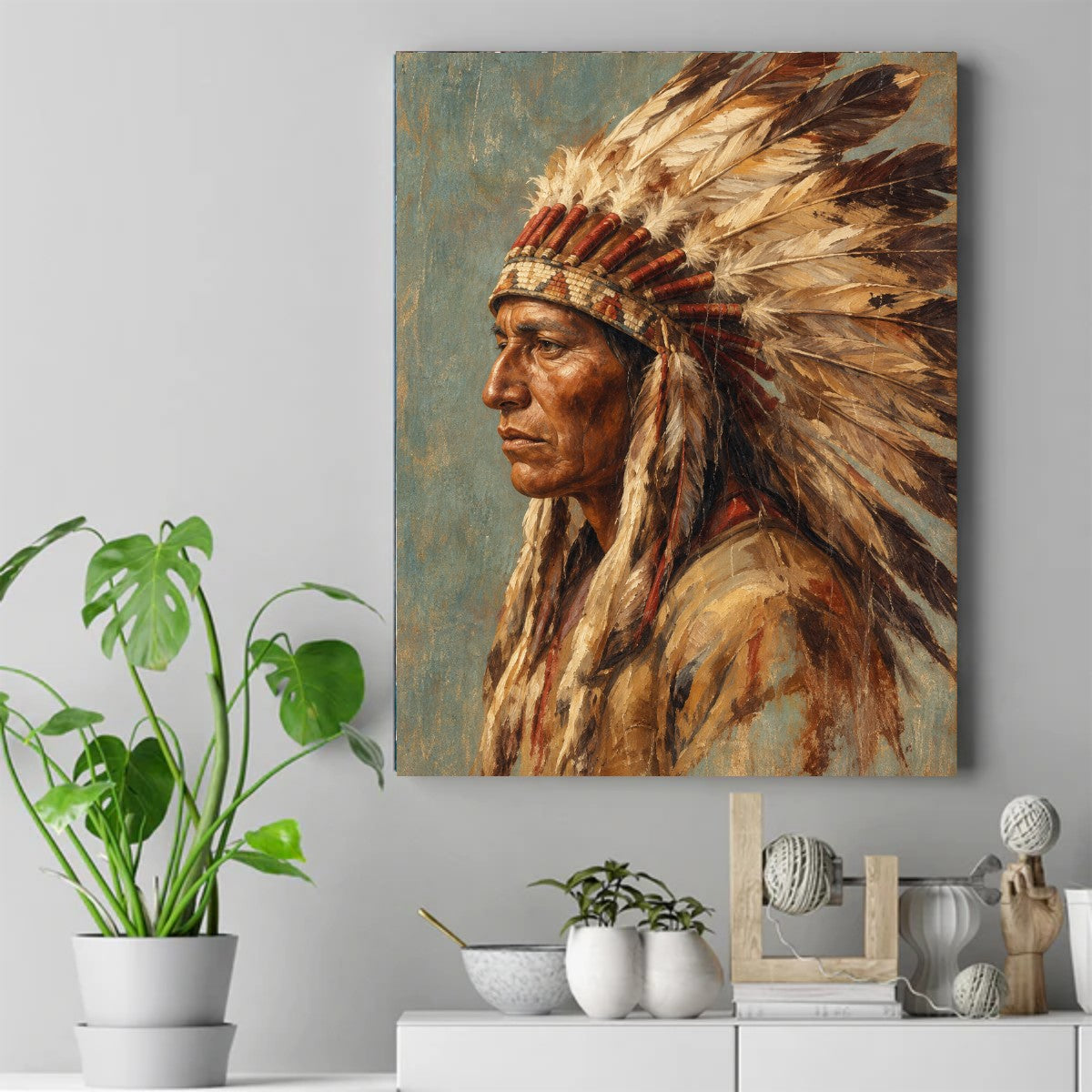 Profile of a Native American man in a feathered headdress, painted in earthy tones against a blue-grey background. – ảnh 2