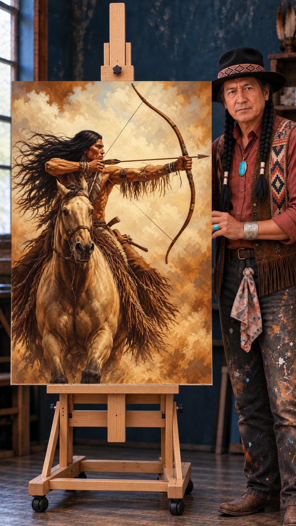 Native American man on a galloping horse, drawing a bow and arrow, with long dark hair flowing, in warm sepia tones.