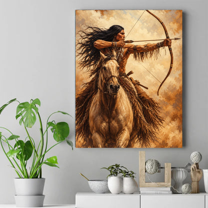 Native American man on a galloping horse, drawing a bow and arrow, with long dark hair flowing, in warm sepia tones. – ảnh 2