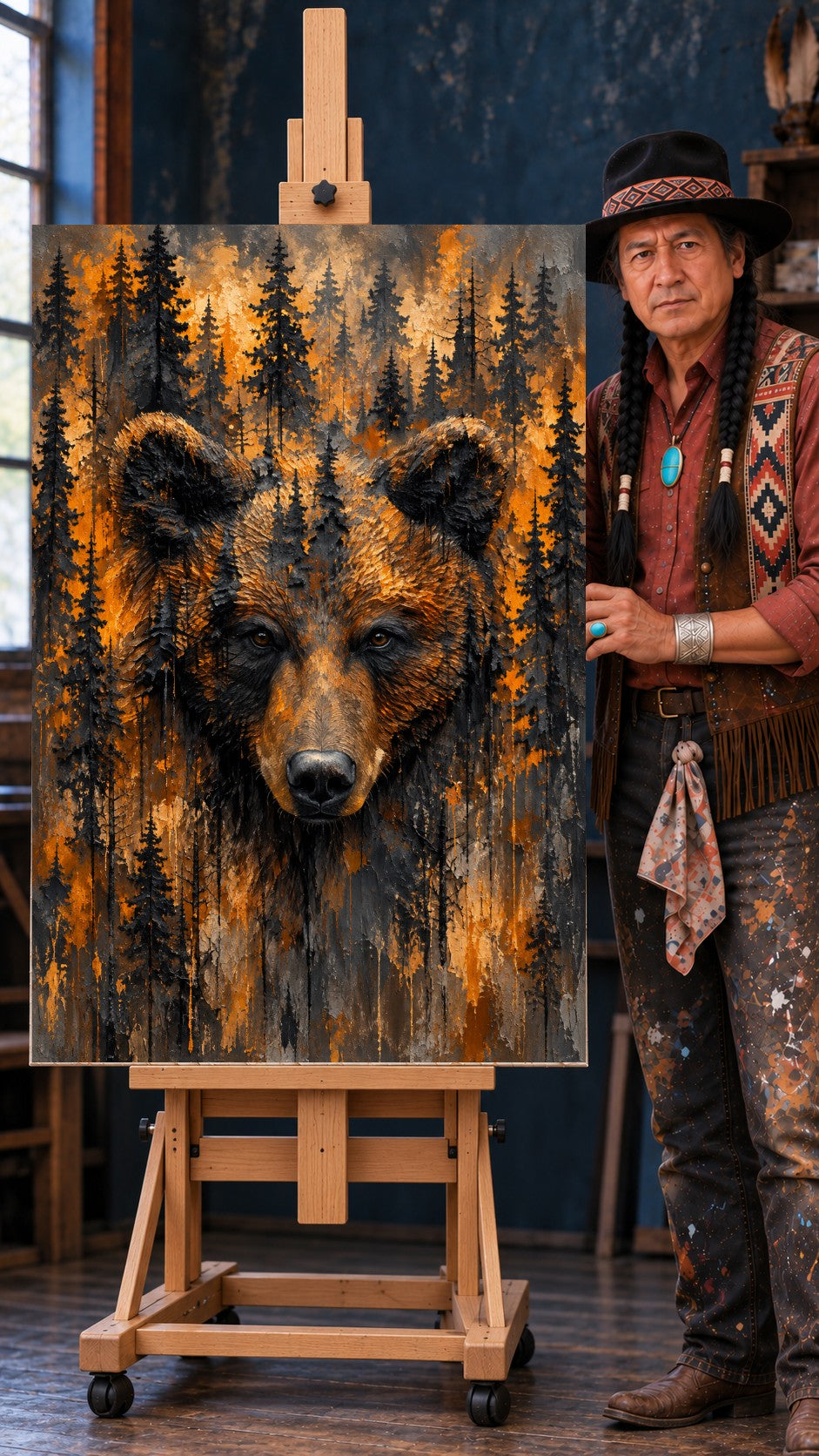 Textured painting of a brown bear's face surrounded by dark pine trees on a warm orange and black background.