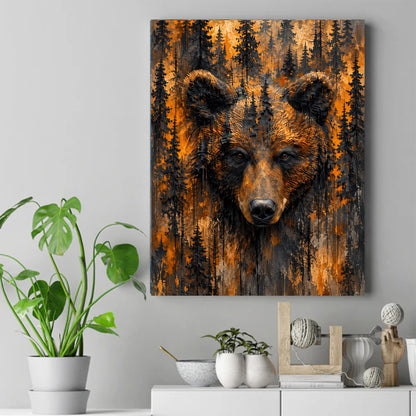 Textured painting of a brown bear's face surrounded by dark pine trees on a warm orange and black background. – ảnh 2