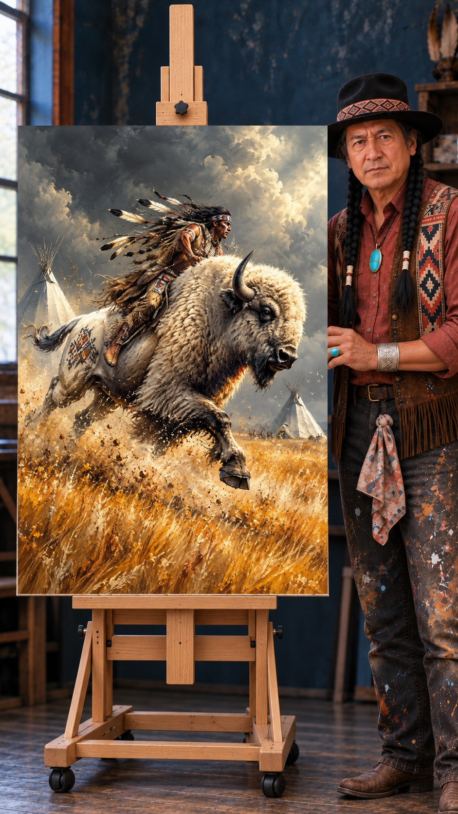 Native American rider in feathered headdress on a running white bison through tall golden grass, teepees under a stormy sky.