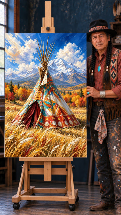 Colorful painted teepee in tall golden grass with autumn trees, snow-capped mountains, and blue cloudy sky