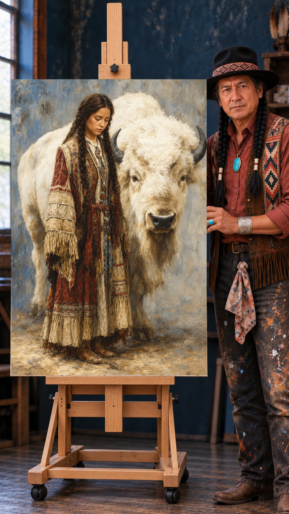 Native woman in a red fringed dress standing beside a large white bison with dark horns.